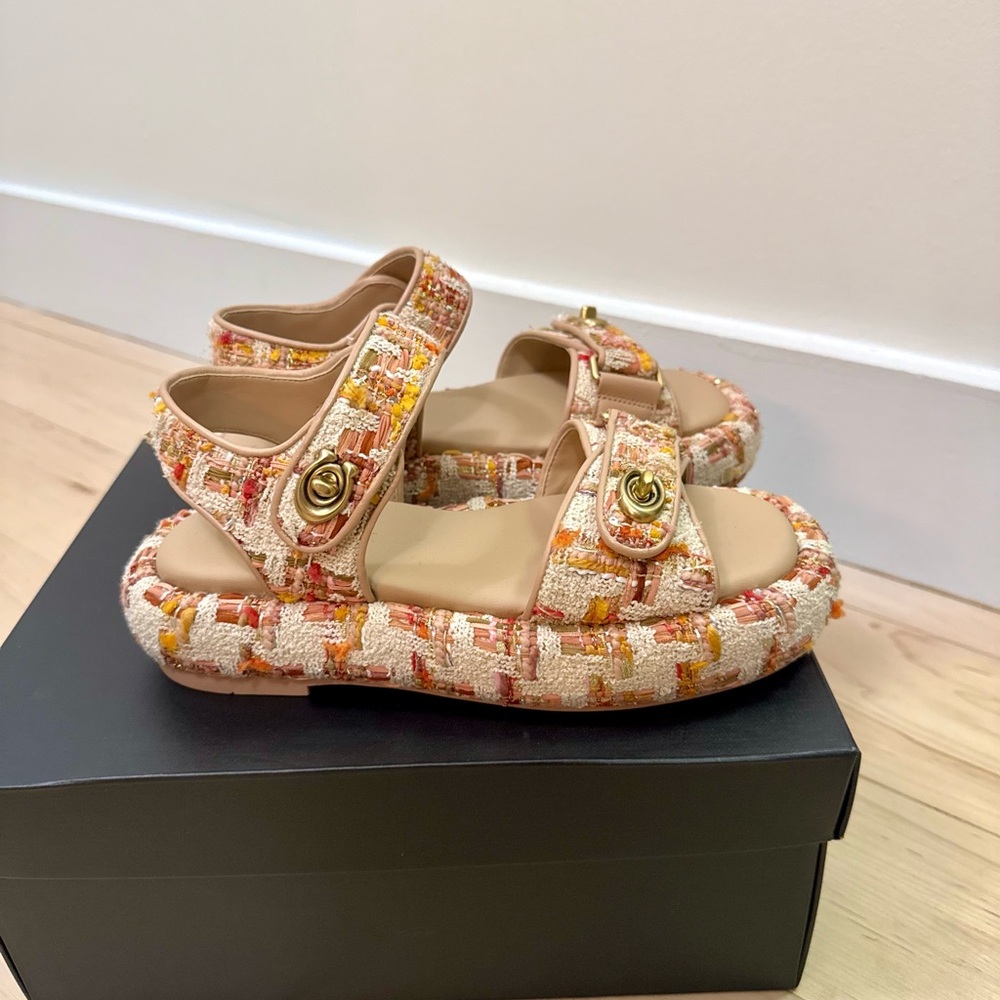 Coach Women's Sandals in Orange and Gold Tweed